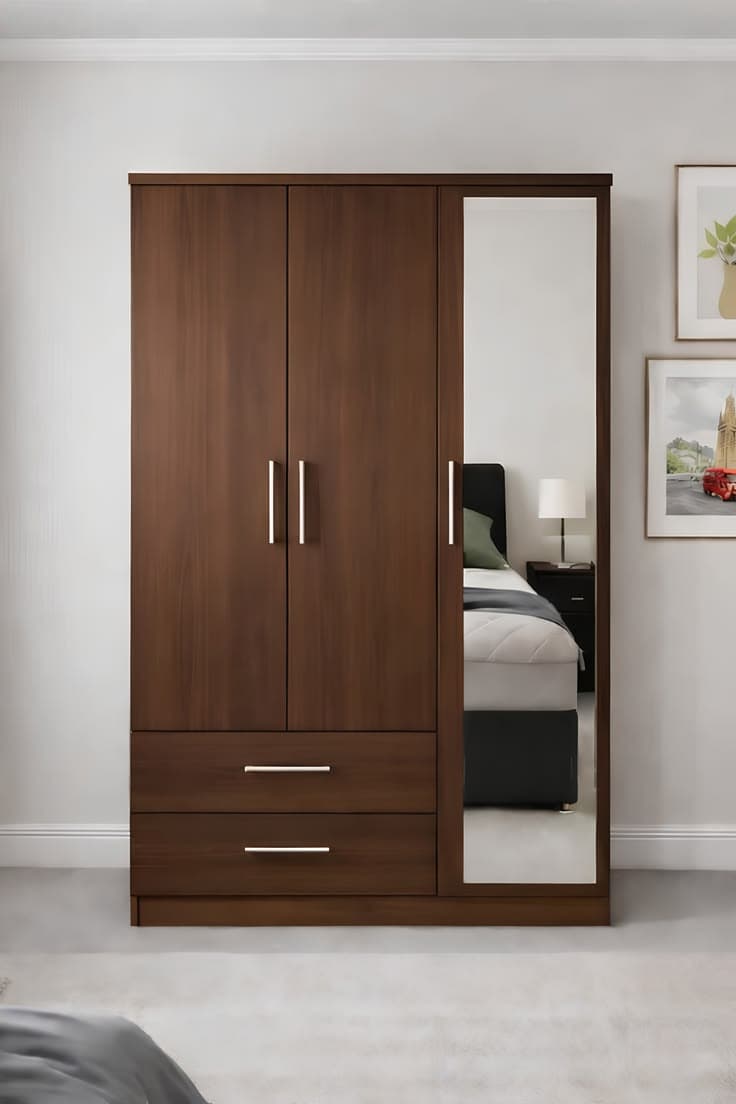 Modern Walnut 3-Door Wardrobe with Mirror & Drawers
