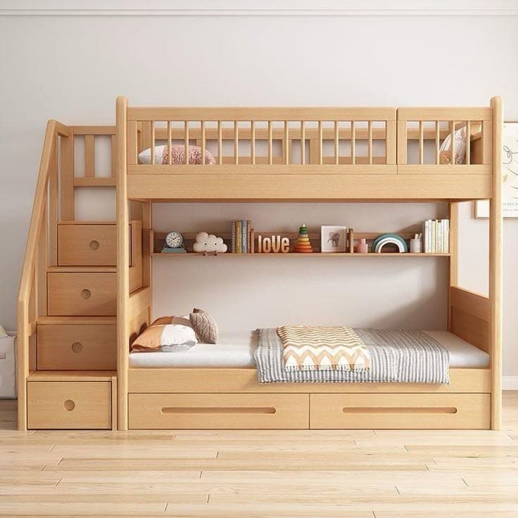 Solid Wood Bunk Bed with Integrated Staircase Storage