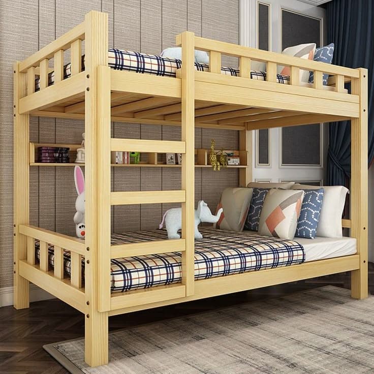 Solid Natural Pine/Mahogany Bunk Bed with Built-in Shelf