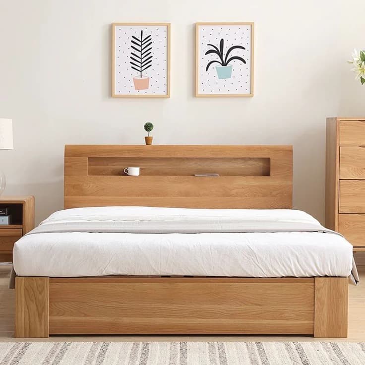 Nordic Storage-Headboard Solid Oak Platform Bed