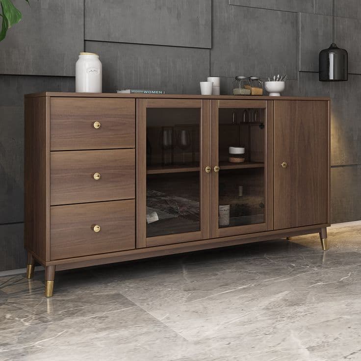 Modern Walnut Sideboard & Credenza with Glass Doors
