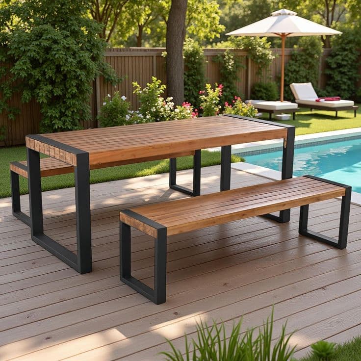 3-Piece Modern Teak Outdoor Dining Set with Benches 2